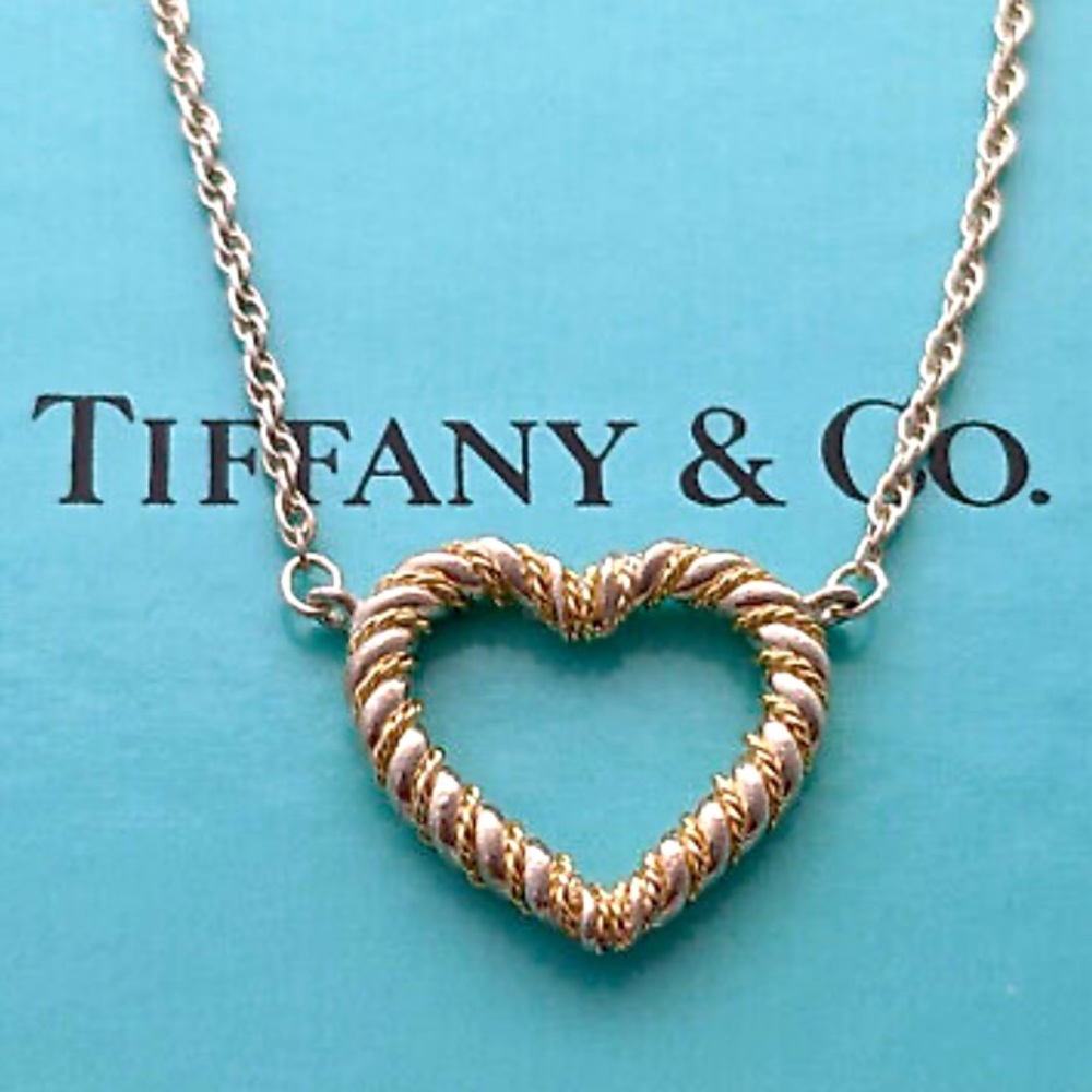 Authentic Vintage Tiffany & Co Twisted Rope Heart Necklace 18k Gold & 925 Silver